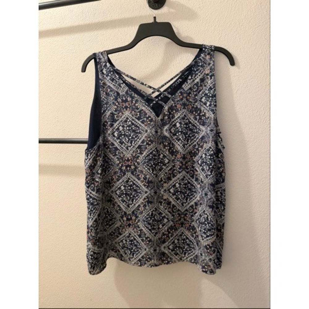 Navy Blue Medallion Tile Print V-Neck Sleeveless Blouse Crisscross Back Top